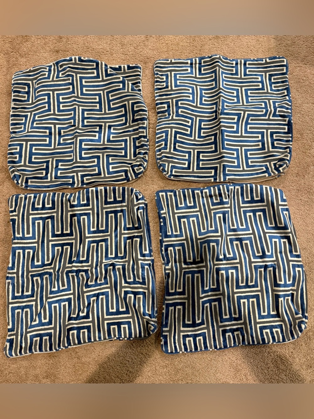 Set of 4 Blue Geometric Pattern Decorative Pillow Covers